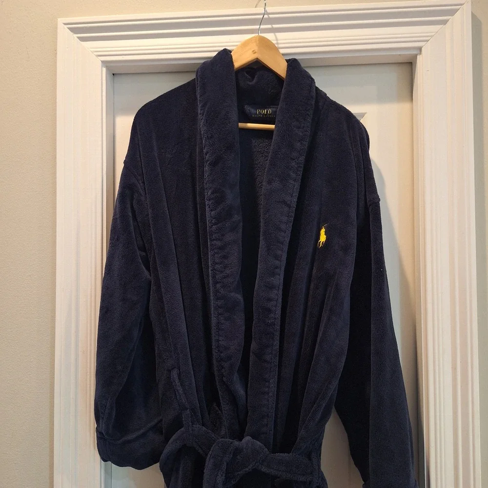 Polo Ralph Lauren Robe Men One Size Navy Blue Fleece Yellow Pony Logo Loungewear